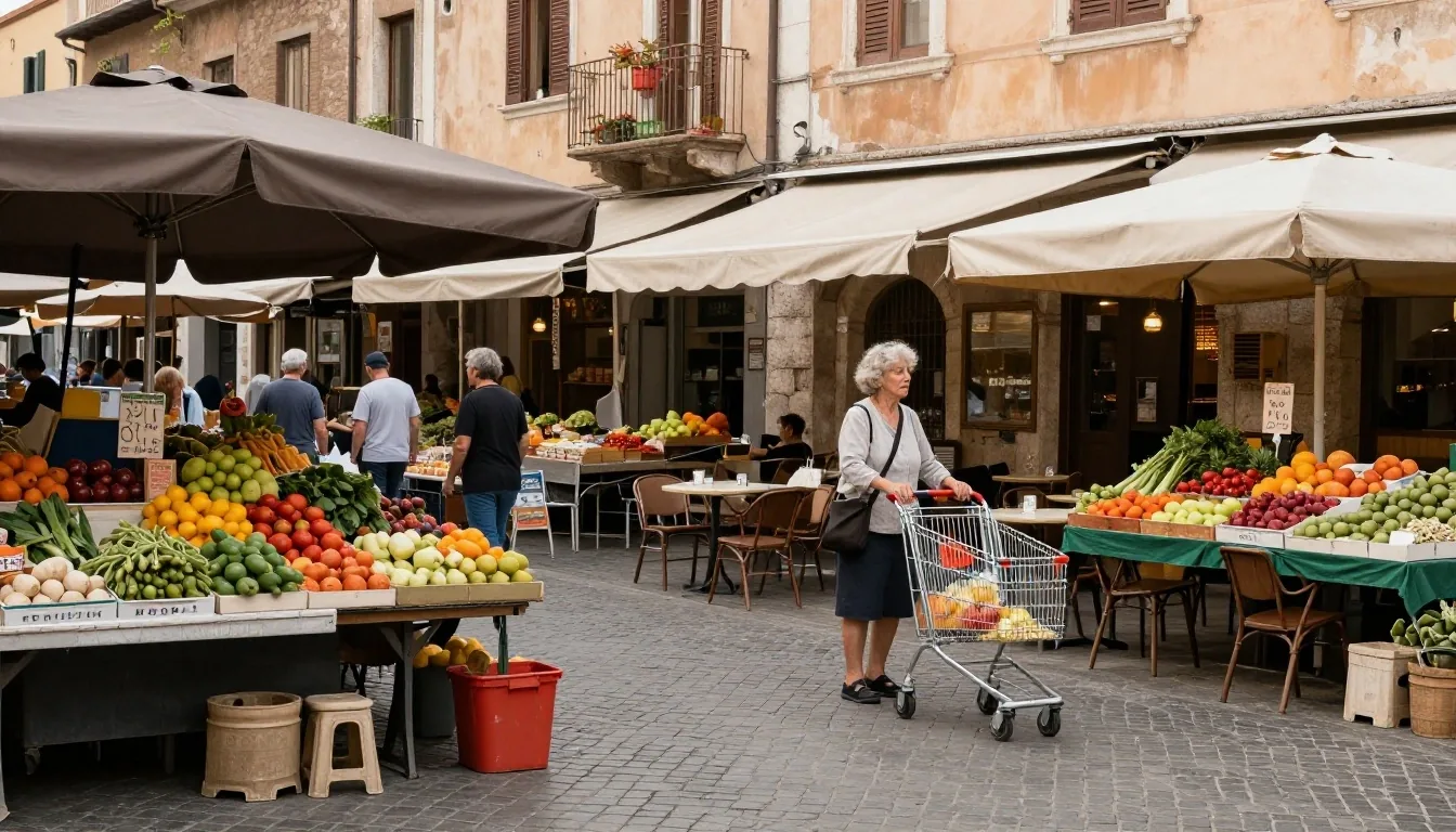 Portico di mercato a Roma con persone anziane sedute ai tavolini