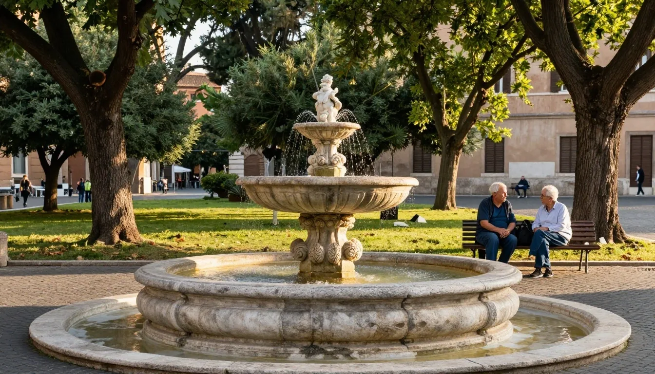 Orizzonte romano con giardino e panchine in pietra al pomeriggio