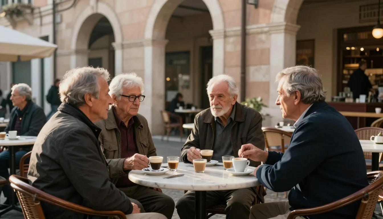 Tavolini di un bar sotto il portico con pensionati che conversano al mattino