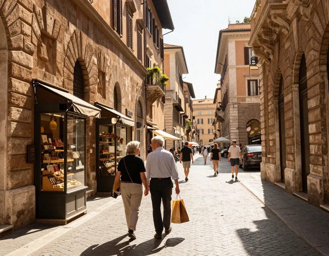Via dei Condotti a Roma con passanti in una giornata di sole