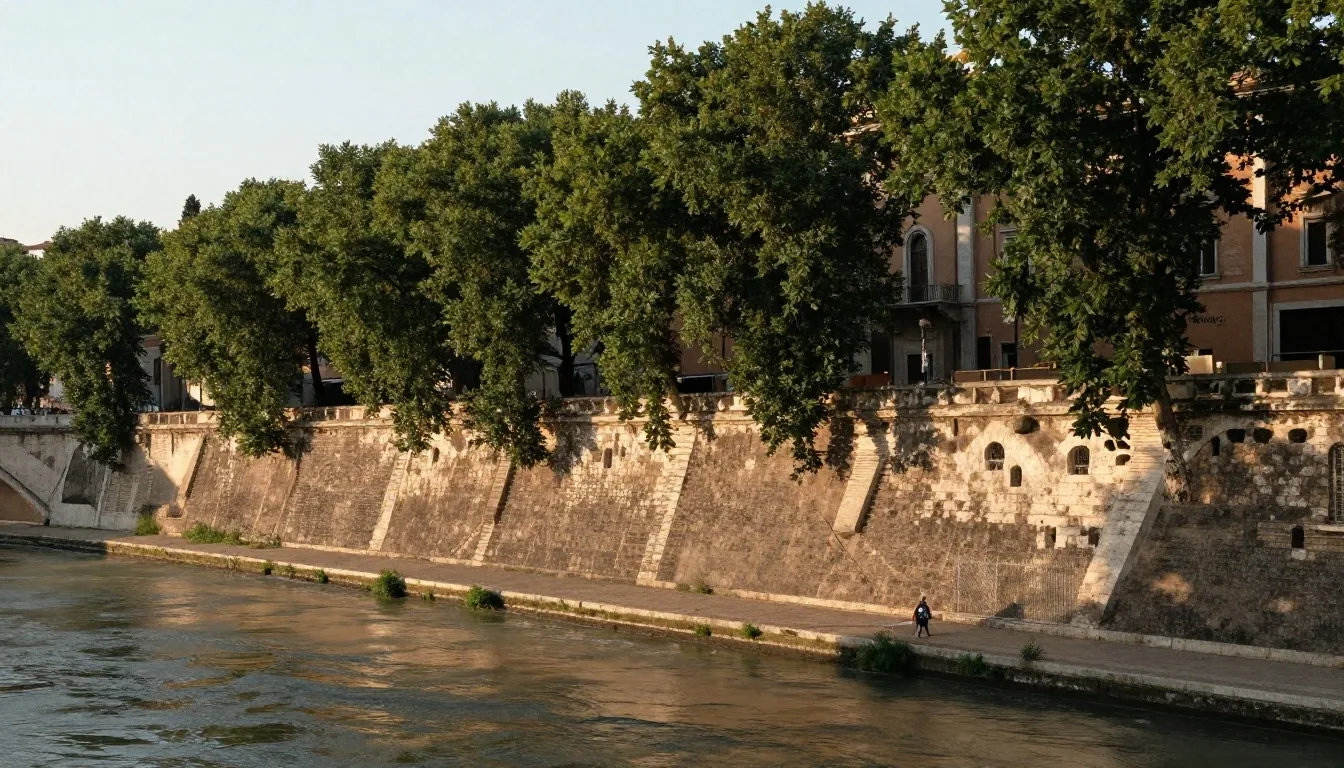 Orizzonte romano con giardino e panchine in pietra