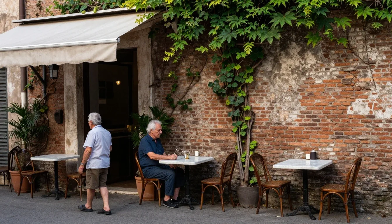 Portico di quartiere a Roma con tavolini e persone anziane
