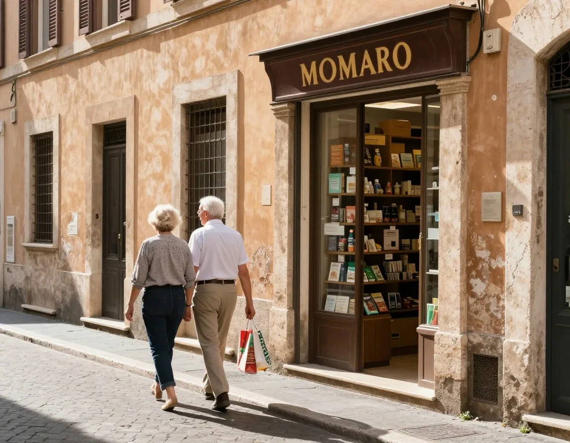 Strada soleggiata a Roma con farmacia d'angolo