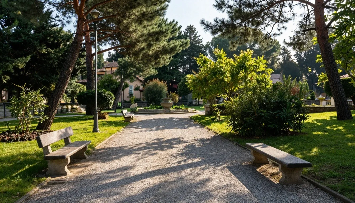 Viale soleggiato di un giardino pubblico con panchine in pietra