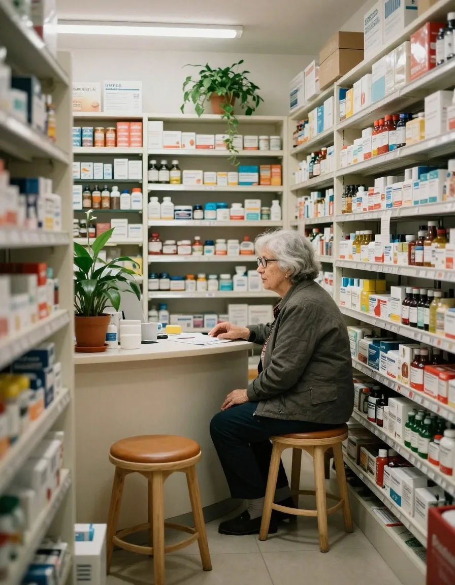 Banco di farmacia luminoso con farmacista e cliente anziana