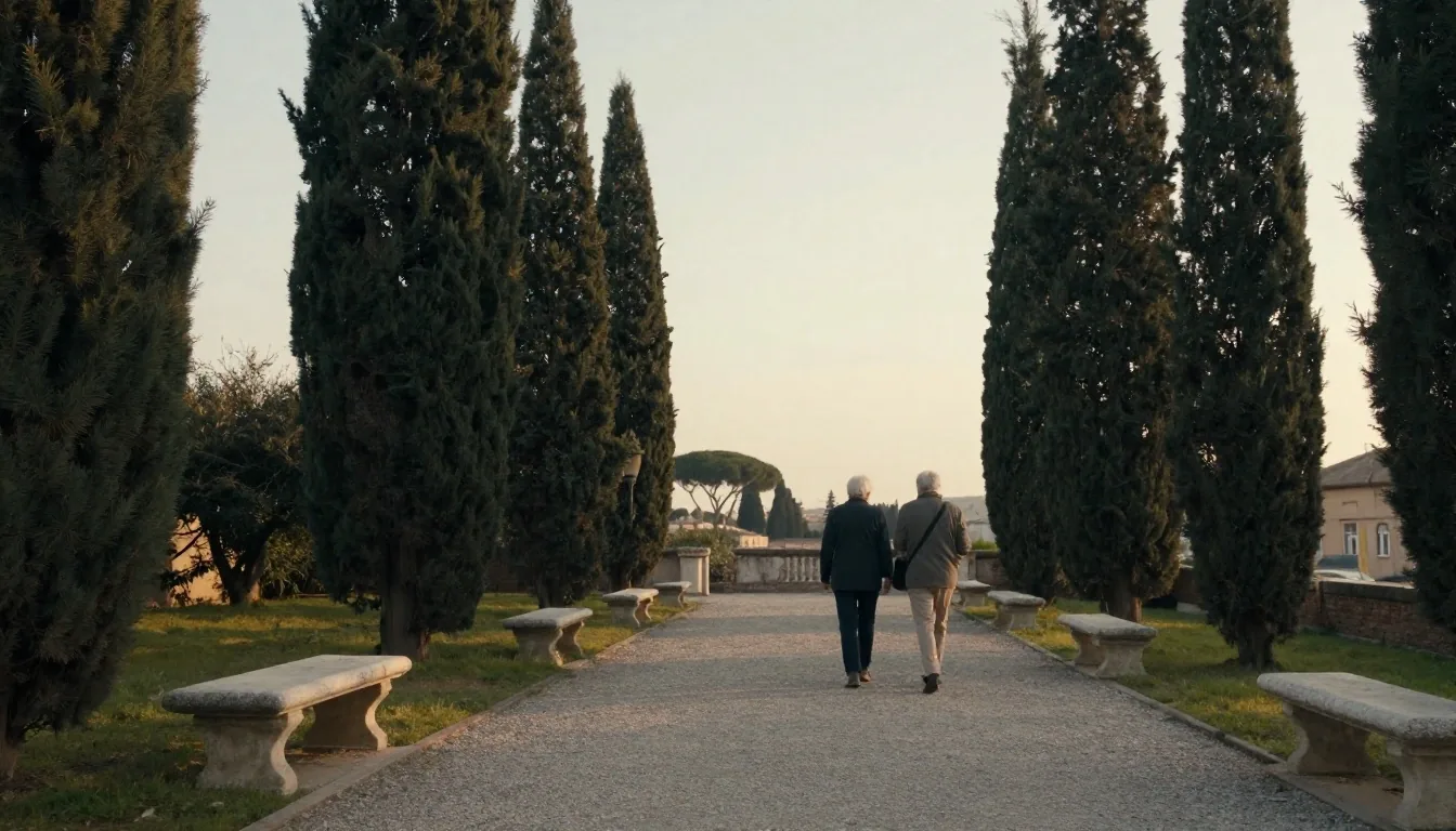 Giardino romano nel pomeriggio con due persone che passeggiano