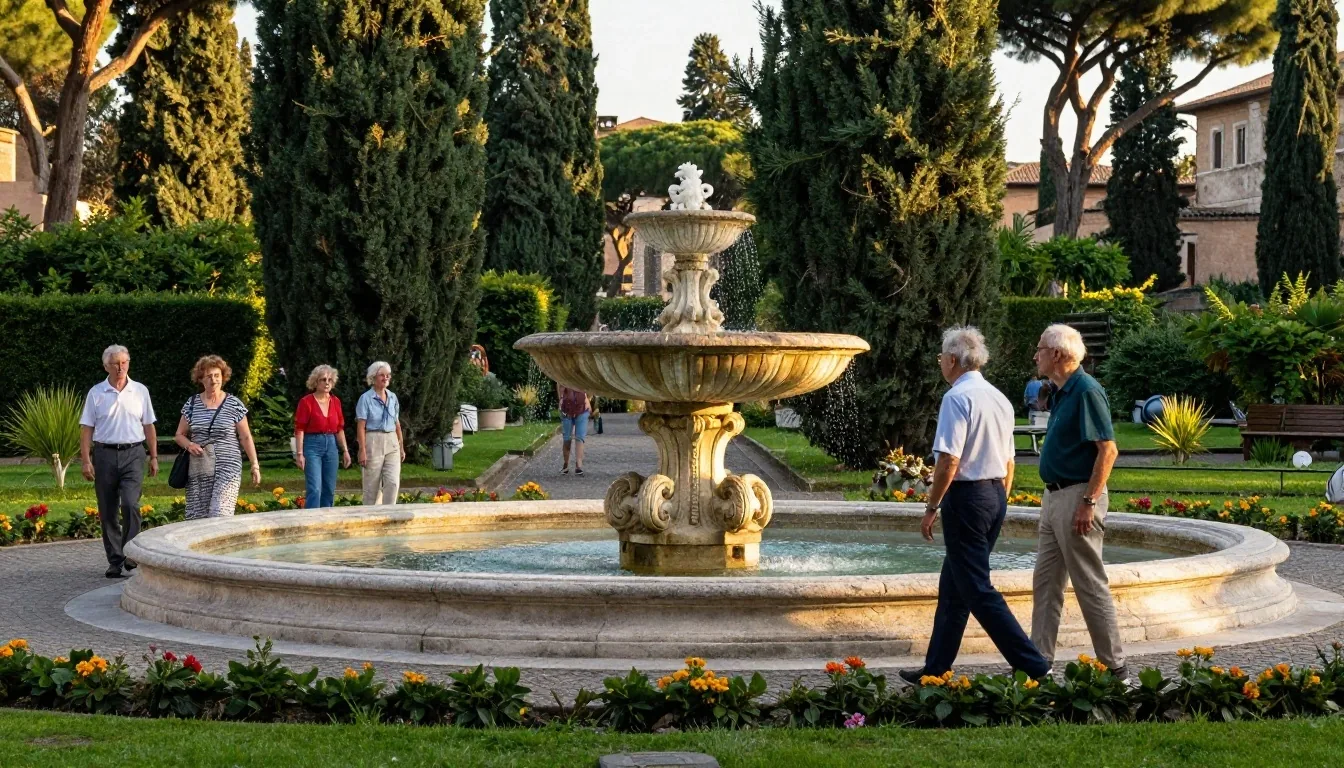 Passeggiata guidata di persone anziane in un giardino pubblico con fontana
