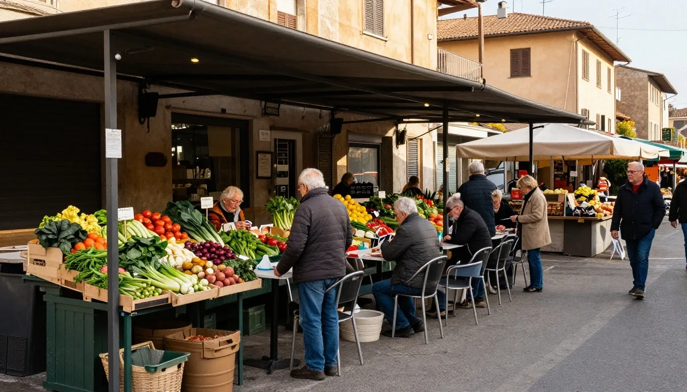 Portico di mercato di quartiere con tavolini e persone anziane che conversano