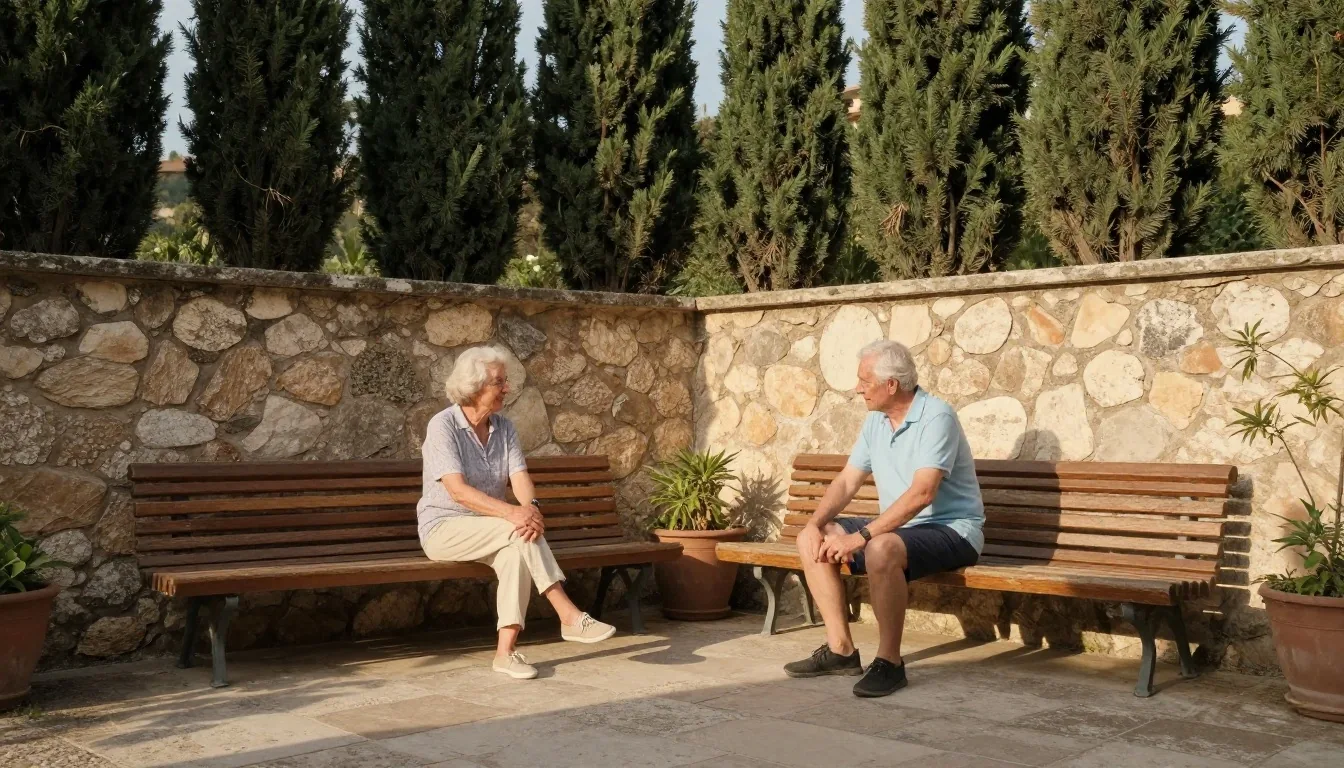 Terrazza giardino con panchine dove due anziani fanno ginnastica dolce