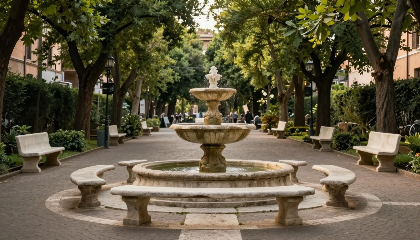 Orizzonte romano con giardino e panchine in pietra