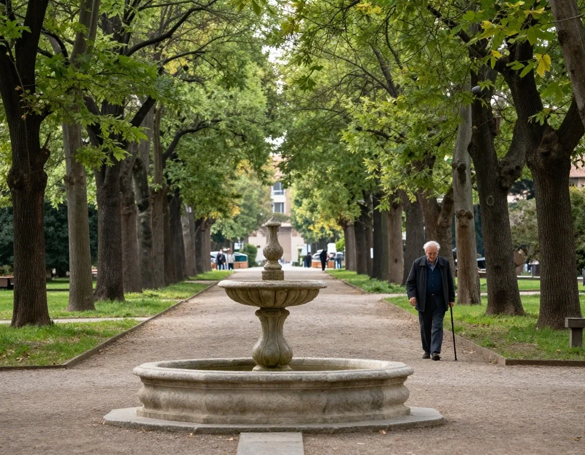 Viale di giardino pubblico a Roma con fontana