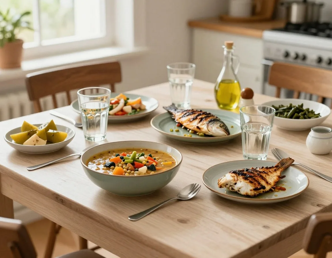 Pranzo semplice italiano con verdure, legumi e olio d’oliva