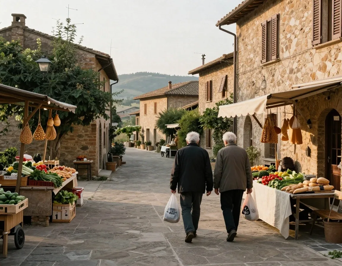 Borgo umbro con mercato locale al mattino