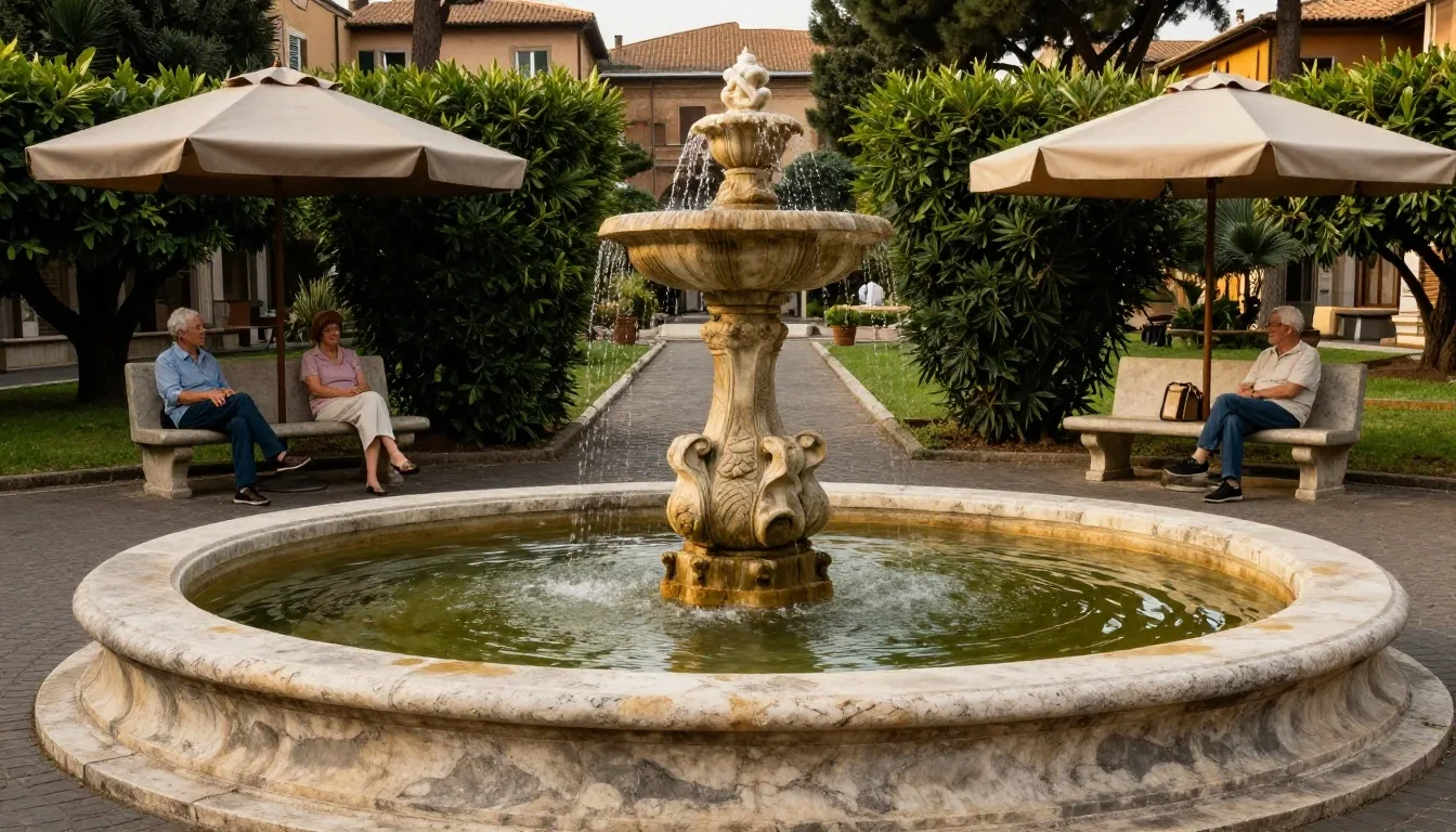 Piazza con giardino a Roma nel tardo pomeriggio
