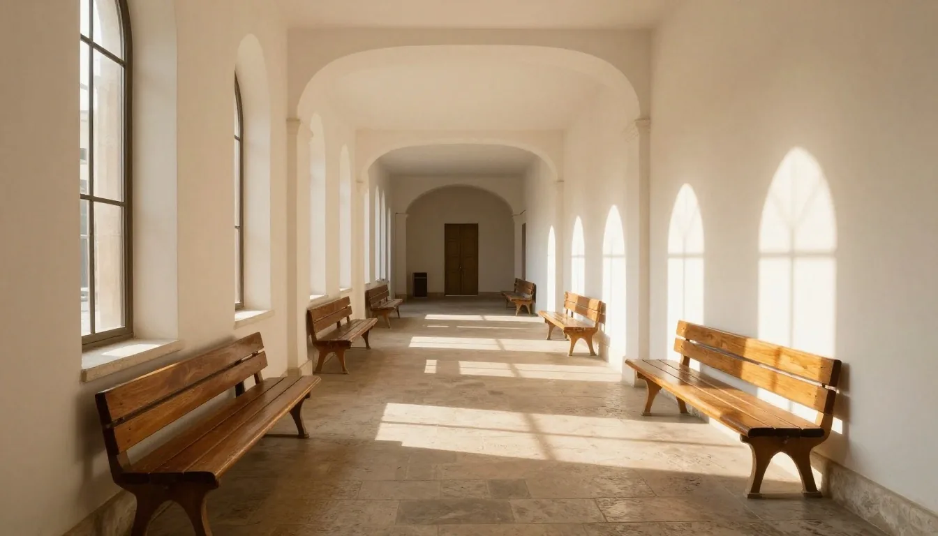 Corridoio civico luminoso con panca in legno e luce del pomeriggio